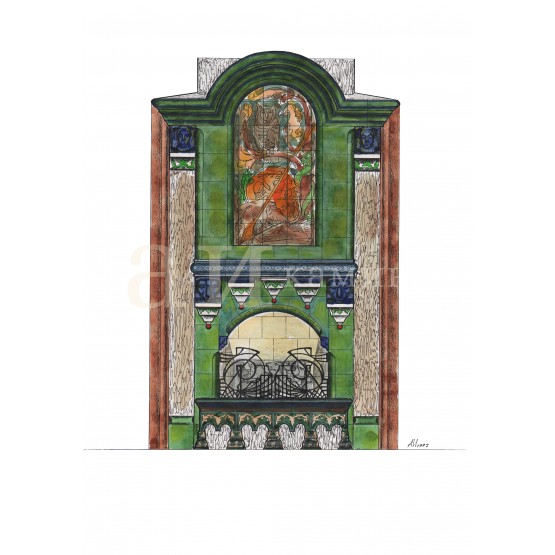 Изразцовый камин с живописным панно с совами.