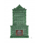 Изразцовый камин с классической компоновкой и короной в виде ракушки.